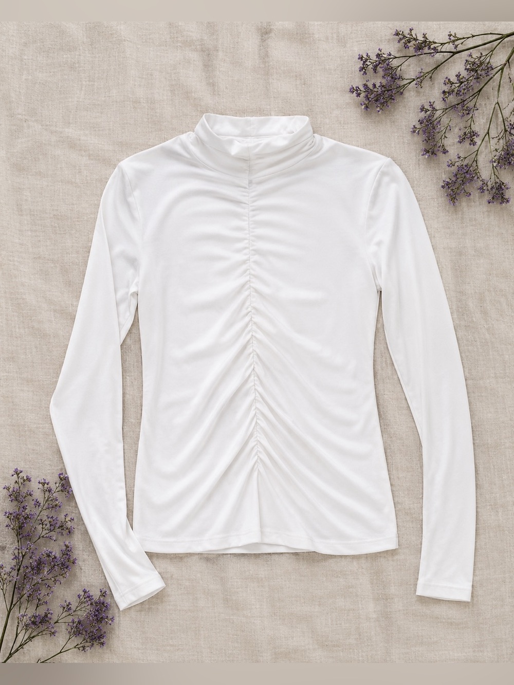 Veronica Beard Theresa White Ruched Mock Neck Long Sleeve Top